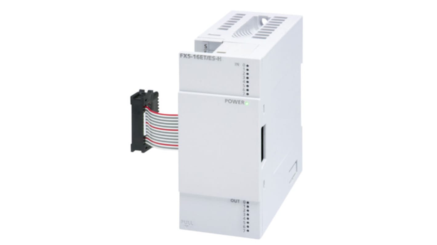 Modulo I/O PLC Mitsubishi Electric FX5-16ET/ESS-H, 8 ingressi e 8 uscite, montaggio su guida DIN, dimensioni 40 x 90 x 83 mm.