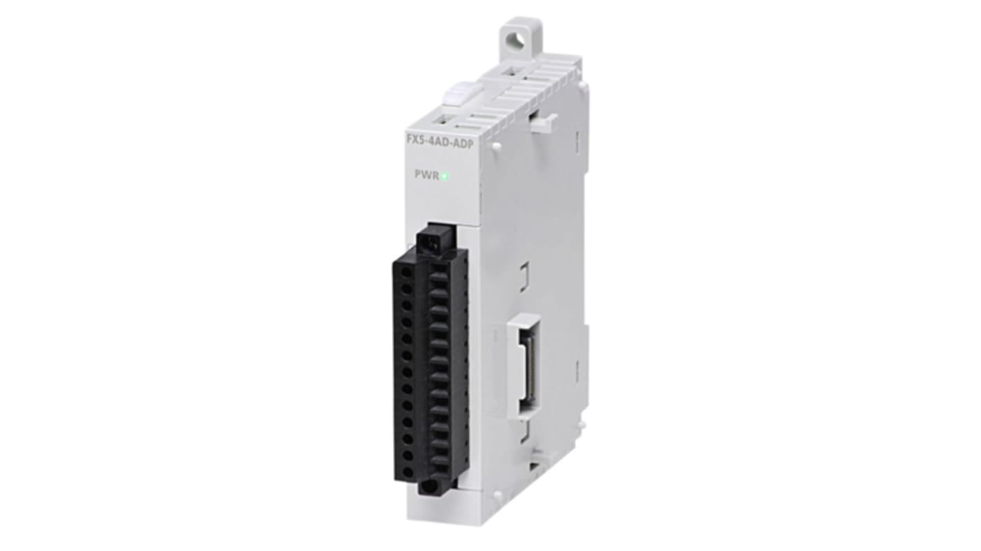 Modulo analogico Mitsubishi Electric FX5-4AD-ADP per PLC iQ FX5, 4 ingressi c.c., montaggio su guida DIN, dimensioni 17,6 x 106 x 89,1 mm.