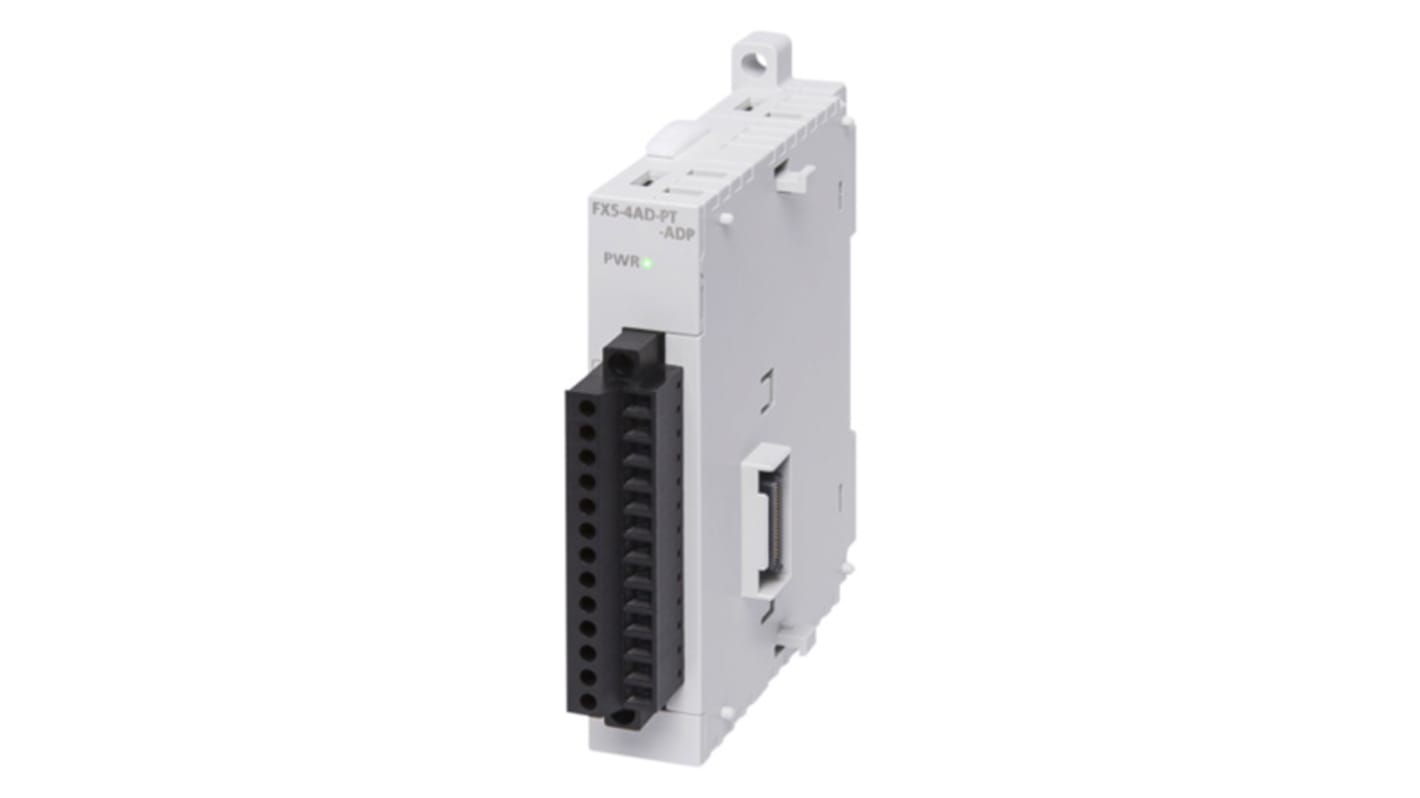 Modulo analogico Mitsubishi Electric FX5-4AD-PT-ADP per PLC iQ FX5, 4 ingressi c.c., montaggio su guida DIN, dimensioni 17,6 x 106 x 89,1 mm.
