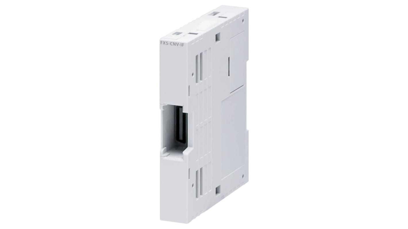 Modulo di espansione Mitsubishi Electric FX5-CNV-IF per serie MELSEC iQ-F, montaggio su guida DIN, dimensioni 14,6 x 90 x 74 mm.