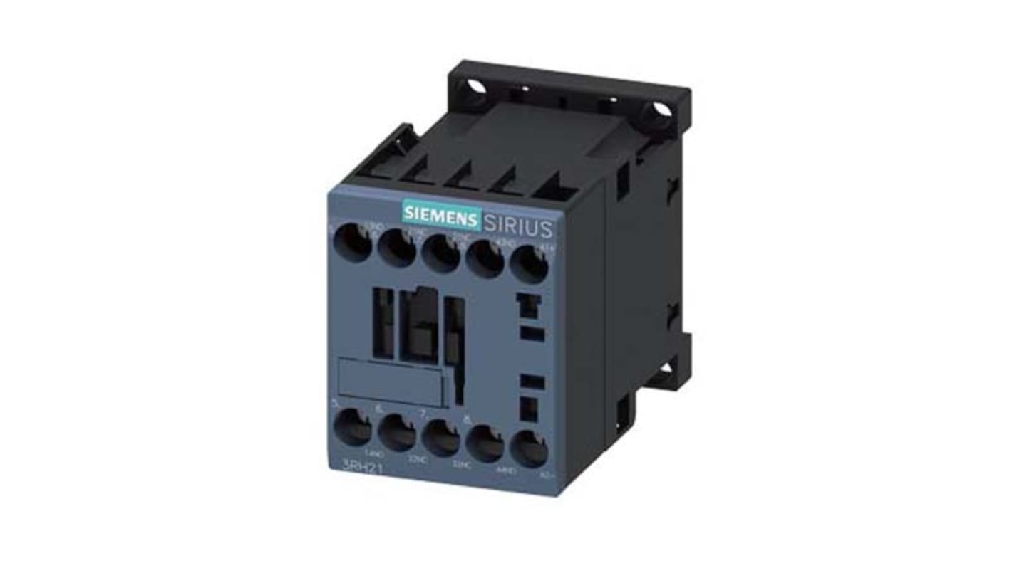 Contattore Siemens 3RH2122-1FB40, 2 NO + 2 NC, 10 A, montaggio su guida DIN, dimensioni 73x45x57.5 mm, temperatura -25/+60 °C.