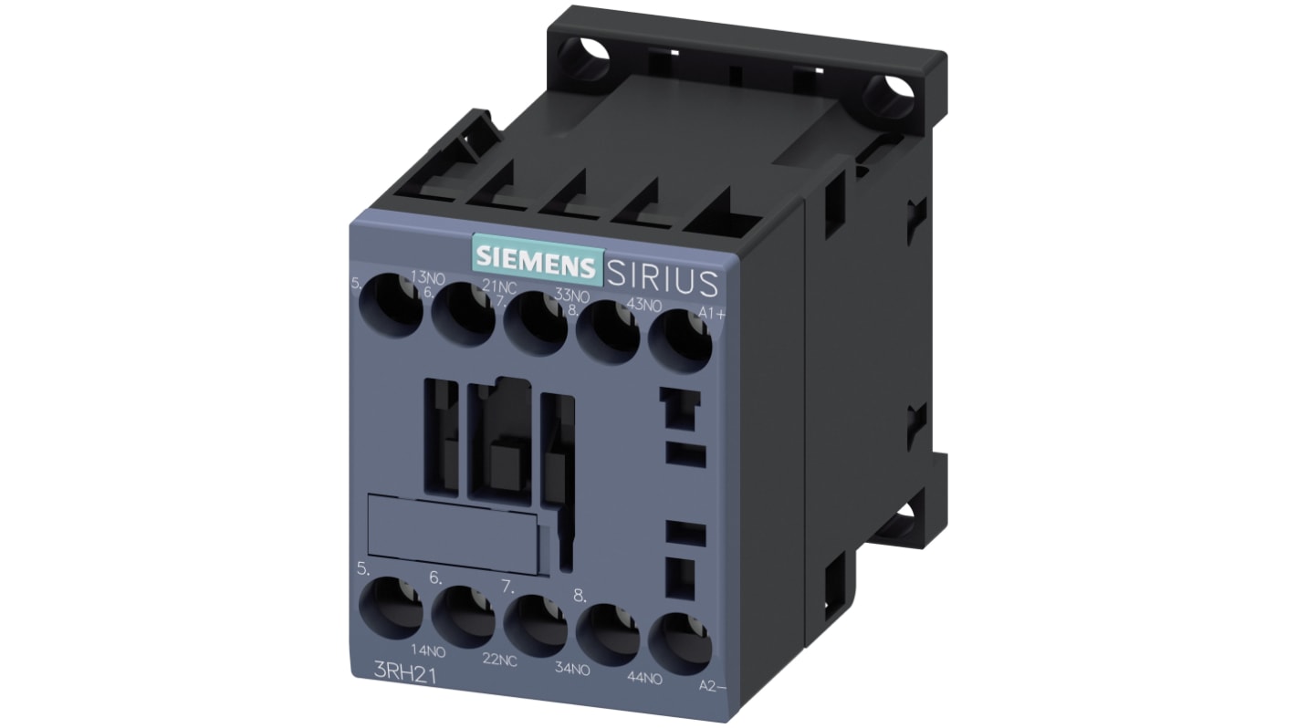 Contattore Siemens 3RH2131-1SB40, 3NO + 1NC, 10 A, montaggio su guida DIN, dimensioni 73 x 45 x 57.5 mm.