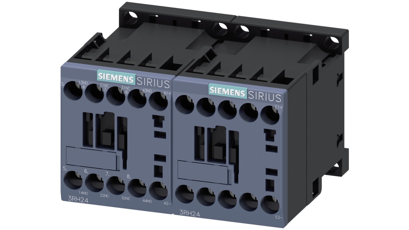 Contattore Siemens 3RH2422-1BM40, 2 NO + 2 NC, 10 A, montaggio su guida DIN, dimensioni 73x90x57.5 mm.