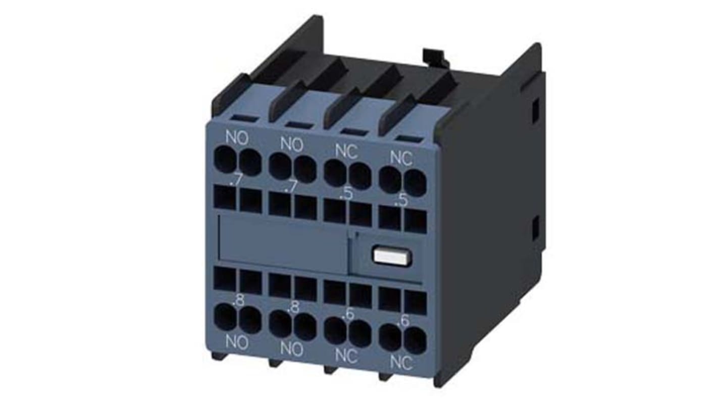 Blocco interruttore ausiliario Siemens 3RH2911-2FC22, 4 contatti (2NC + 2NO), montaggio a innesto, corrente 6 A, tensione 600 V cc.