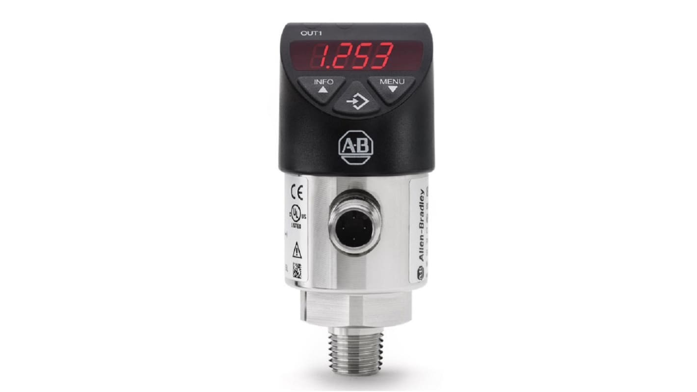 Sensore di pressione relativa Allen Bradley 836P-D2NMGA20PA-D4, 20 psi max, uscita 4-20 mA, montaggio verticale, IP67.