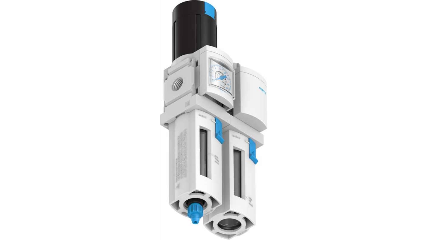 Festo MSB4-1/4-FRC5:J1M1, gruppo FRL con attacco G 1/4, filtro a 40μm, scarico manuale, pressione 1,5-14 bar.