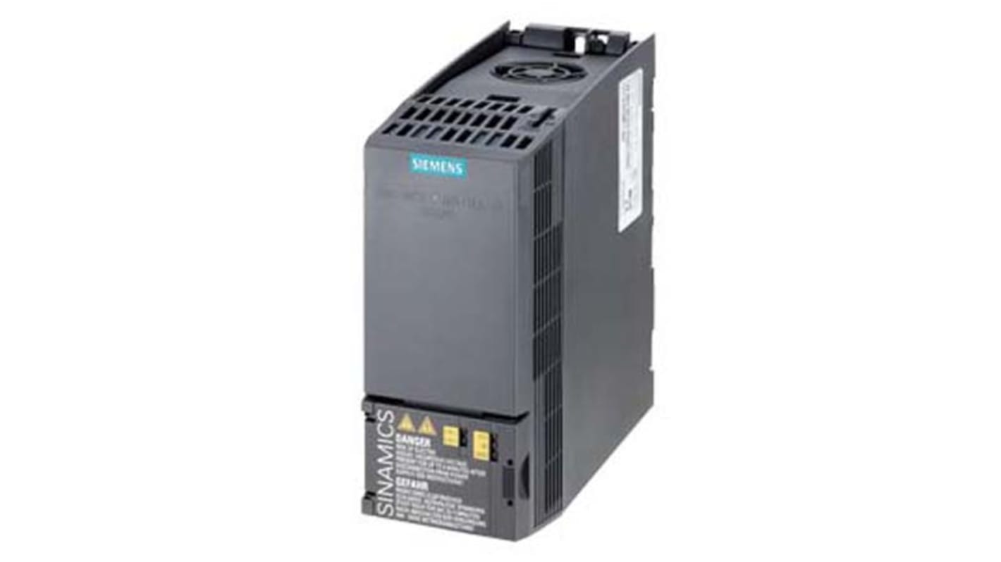 Inverter Siemens 6SL3210-1KE11-8AB2, 0,37 kW, 3 fasi, controllo vettoriale, dimensioni 155x73x173 mm, grado di protezione IP20.
