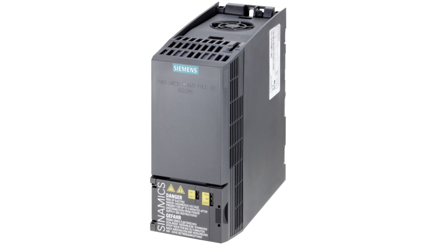 Inverter Siemens 6SL3210-1KE11-8AP2, 0,37 kW, 400 V, 3 fasi, dimensioni 73x155x173 mm, grado di protezione IP20.