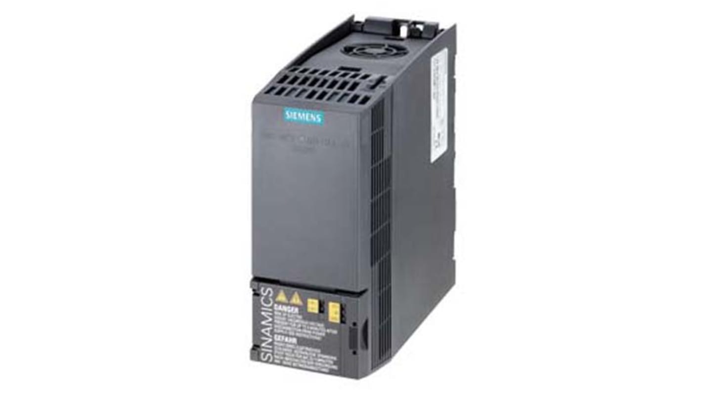 Inverter Siemens 6SL3210-1KE14-3UB2, 1,1 kW, 3 fasi, controllo vettoriale, dimensioni 73x155x173 mm, grado di protezione IP20.