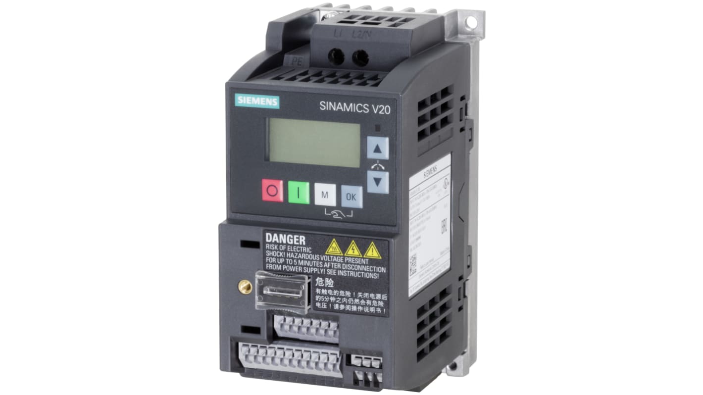 Inverter Siemens 6SL3210-5BB12-5BV1, potenza 0,25 kW, montaggio a parete, dimensioni 107,8 x 142 x 68 mm, grado di protezione IP20.