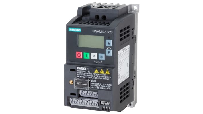 Inverter Siemens 6SL3210-5BB13-7UV1, 0,37 kW, 230 V c.a., 1 fase, 0-550Hz. Efficiente controllo motori per pompe e ventilatori. IP20, Modbus.