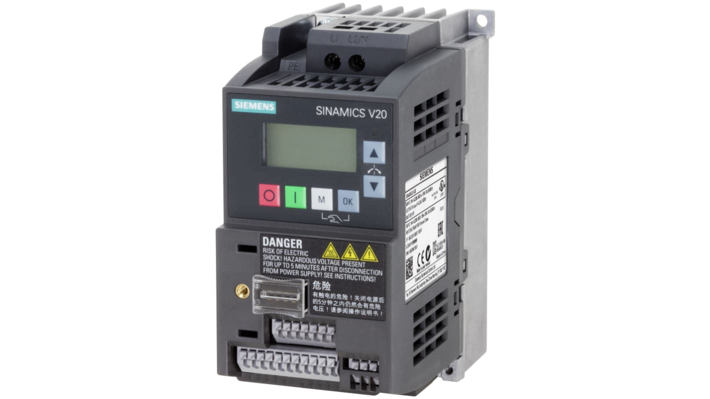 Inverter monofase Siemens 6SL3210-5BB15-5BV1, potenza 0,55 kW, montaggio a parete, dimensioni 68 x 142 x 127,8 mm.