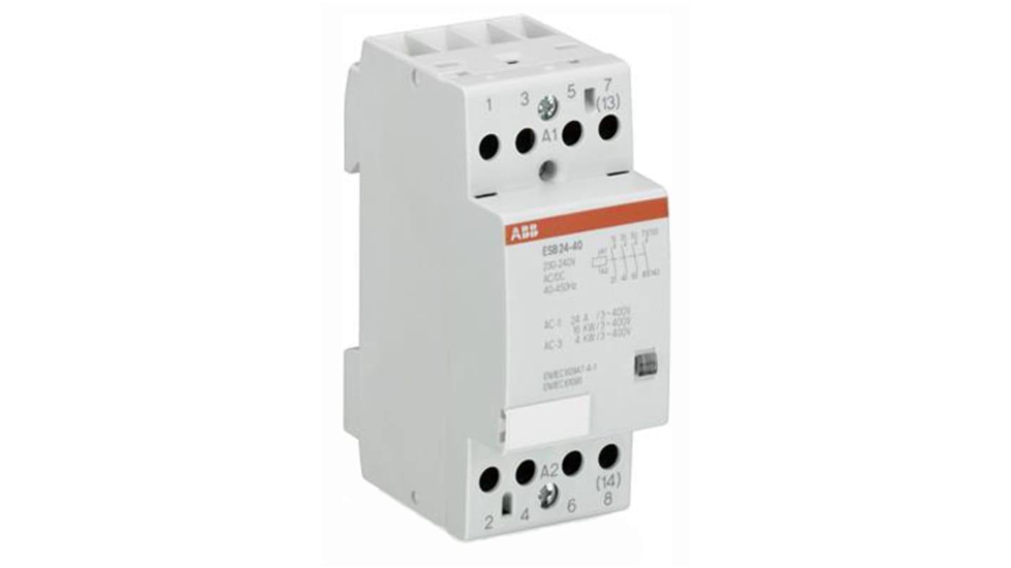 ABB ESB24-22, contattore 4 poli, corrente 24 A, montaggio su guida DIN, dimensioni 36 mm x 85 mm x 64.8 mm.