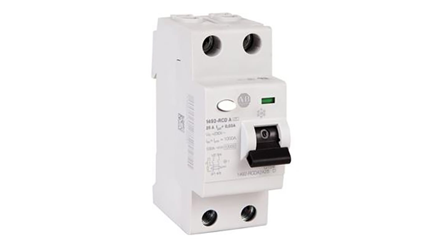 Interruttore RCD Allen Bradley 1492-RCDA2A40, 40A, 30mA, Tipo A. Montaggio su guida DIN, protezione IP4X. Ideale per reti monofase.