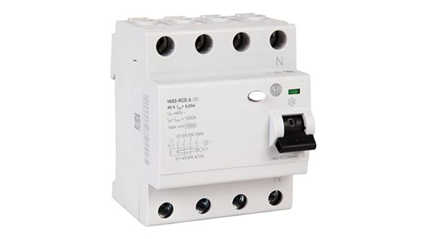 Interruttore RCD Allen Bradley 1492-RCDA4A63, 3P+N, 63A, sensibilità 30mA. Sicurezza avanzata per impieghi pesanti, montaggio su guida DIN.