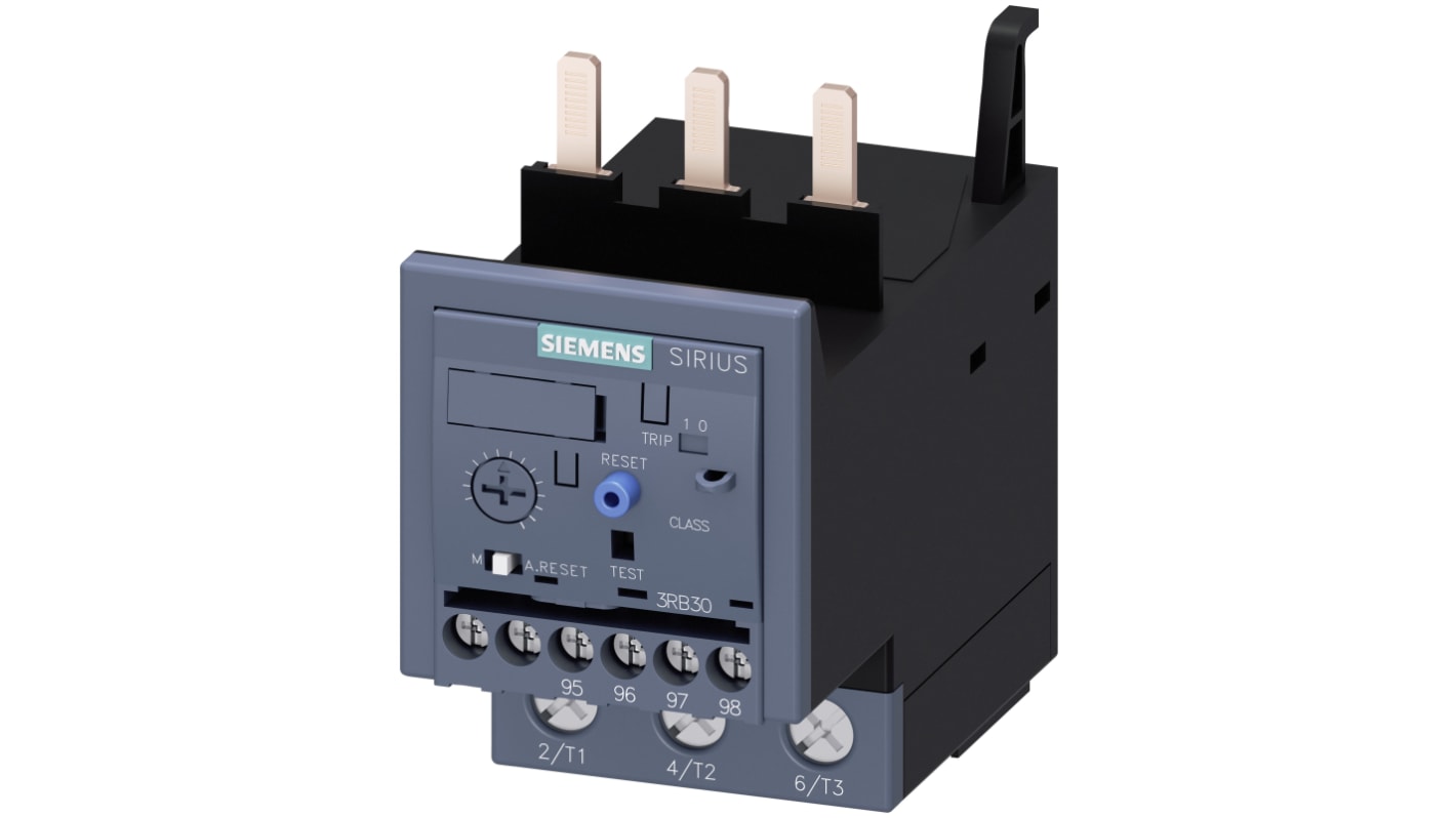 Relè di sovraccarico Siemens 3RB3036-2WB0, 1 NO + 1 NC, carico FLC 60 A, montaggio su contattori SIRIUS, dimensioni 98.9 x 103.3 x 55 mm.