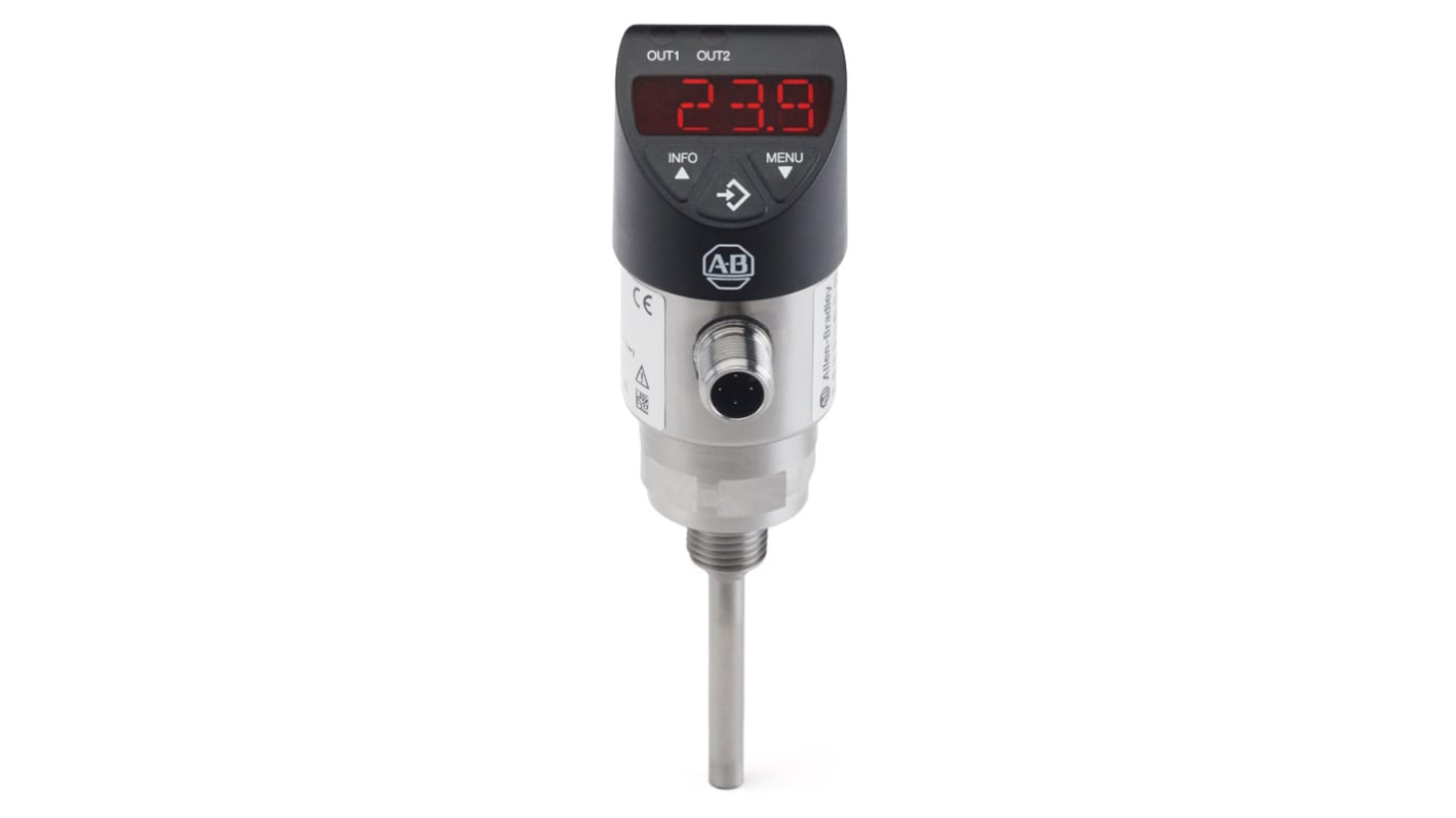 Allen Bradley 837T-D3G14A50PA-D4, sensore RTD PT1000 con sonda in acciaio inox, lunghezza 50 mm, gamma -20/+80 °C, connettore M12, IP67.