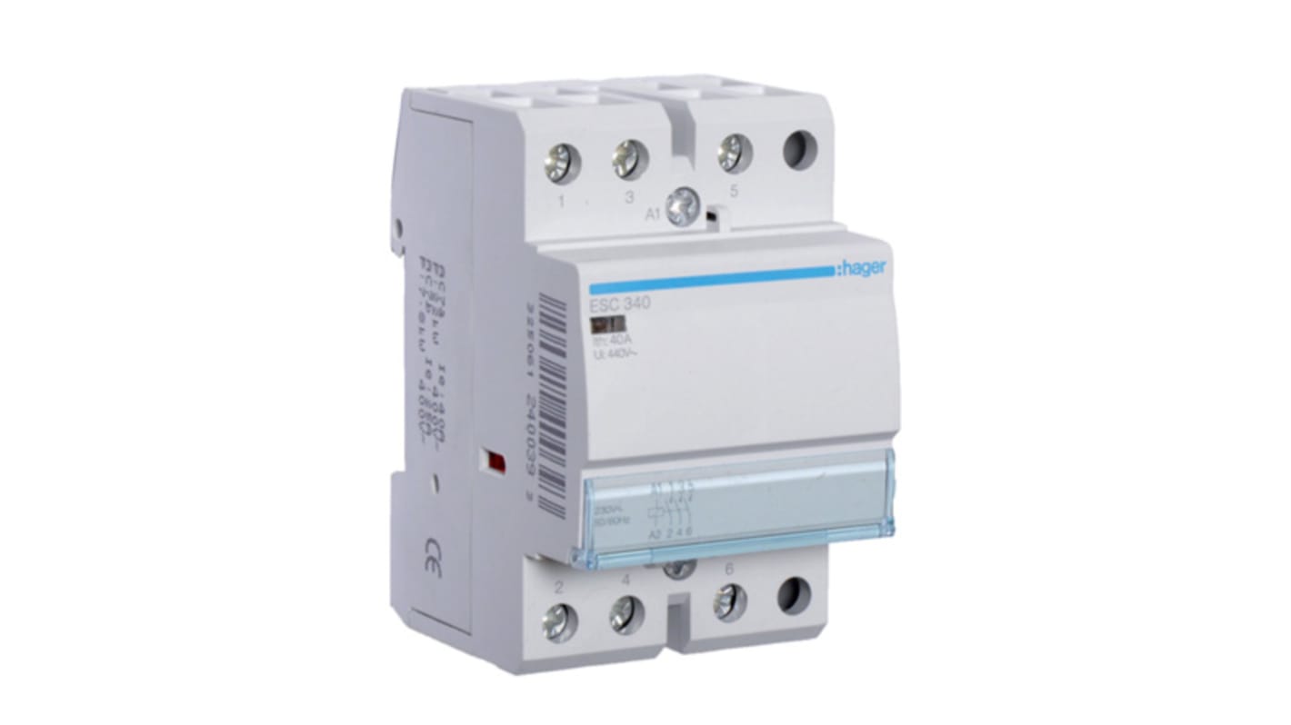 Contattore Hager ESC340, 3 poli, 3 NO, 40 A, 230 V ca, montaggio su guida DIN, temperatura operativa -10/+50 °C.