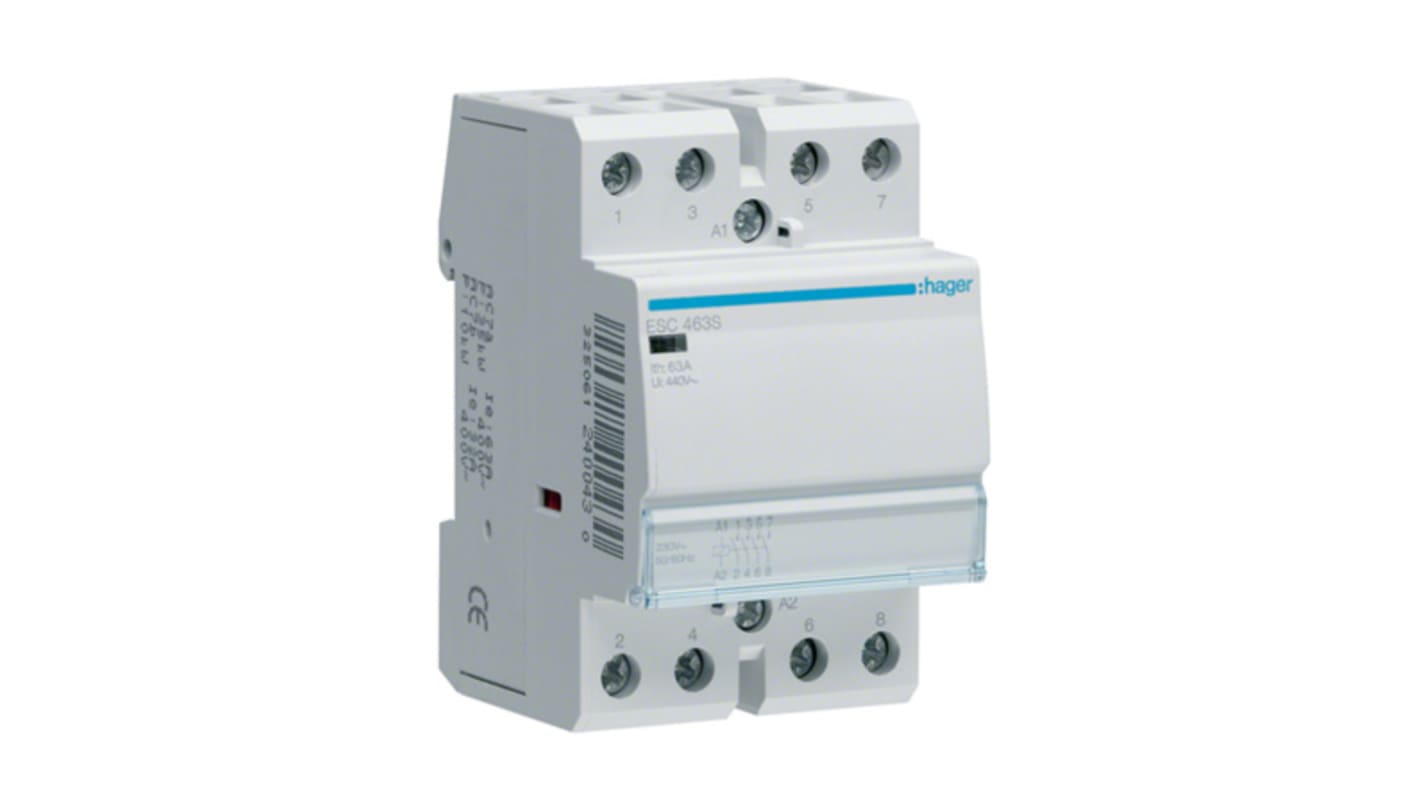 Contattore Hager ESC463S, 4 poli, 63 A, montaggio su guida DIN, bobina 230 V, per circuiti di riscaldamento e illuminazione.