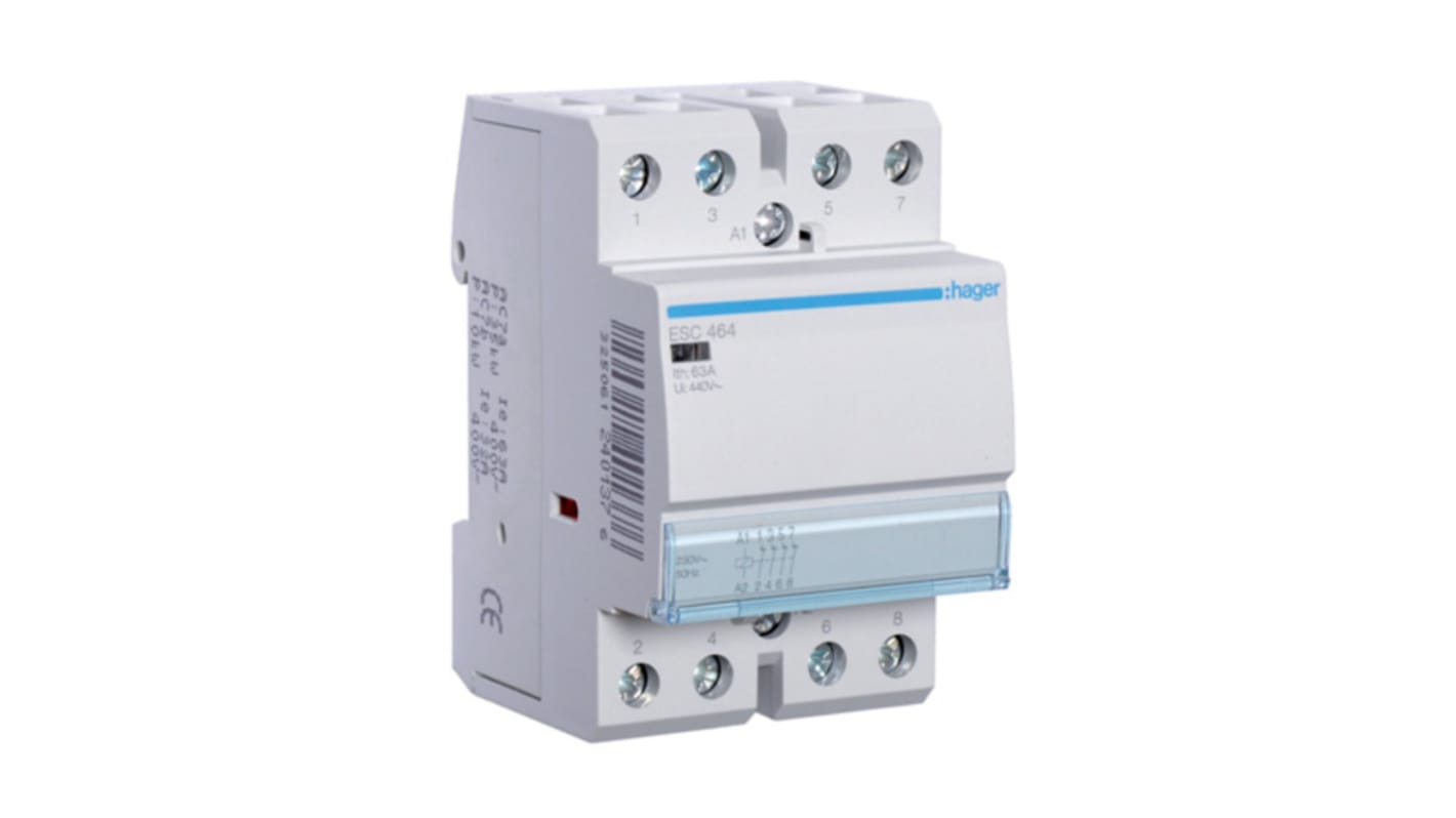 Contattore Hager ESC464, 4 poli 4NC, 63 A, bobina 230 V, montaggio su guida DIN, temperatura operativa -10/+50 °C.