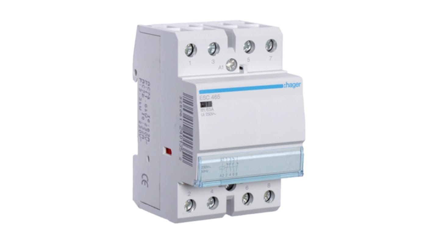Contattore Hager ESC465, 4 poli, 63 A, bobina 230 V, montaggio su guida DIN, ideale per circuiti di riscaldamento e illuminazione.