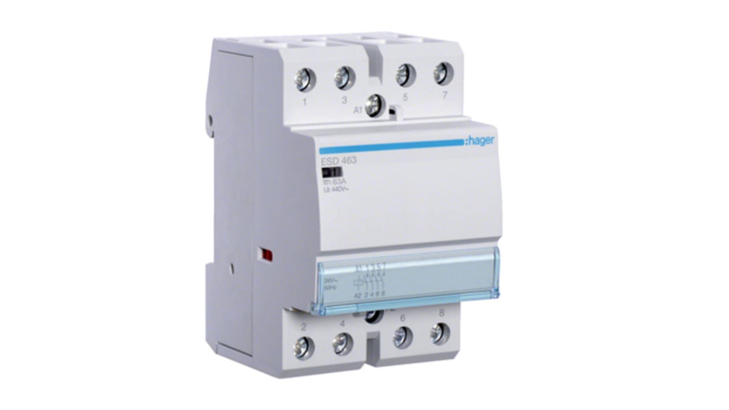 Contattore Hager ESD463, 4 poli, 63 A, tensione bobina 24 V c.a., montaggio su guida DIN, conforme a RoHS.