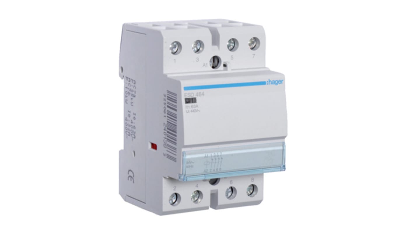 Contattore Hager ESD464, serie ESC, 4 poli 4NC, 63 A, bobina 24 V c.a., montaggio su guida DIN, per circuiti di riscaldamento e illuminazione.