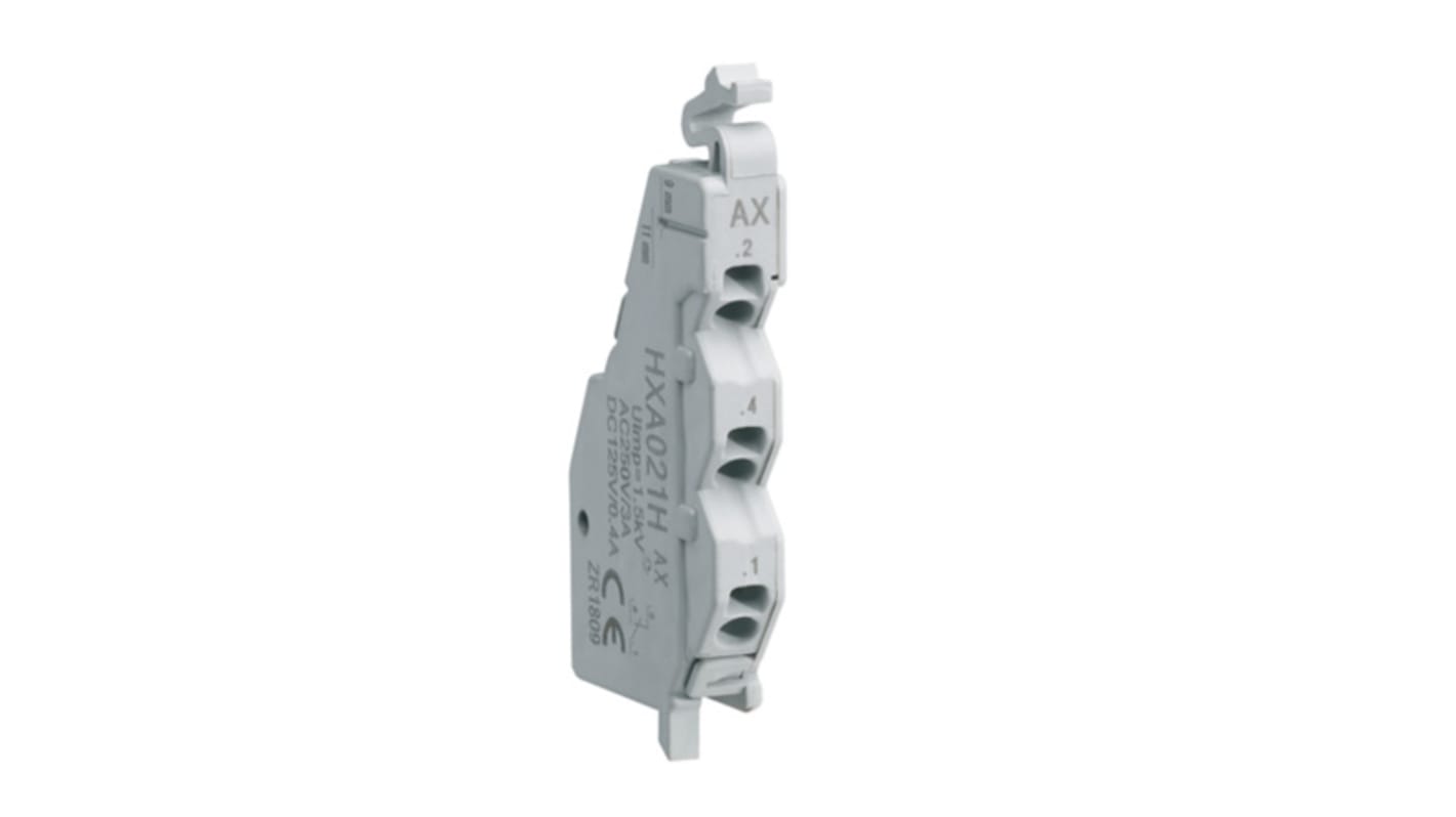 Contatto ausiliario Hager HXA021H, 2 contatti (1 N/C + 1 N/A), montaggio a innesto, tensione nominale 230 V ca. Compatibile con interruttori Hager x160 e x250.