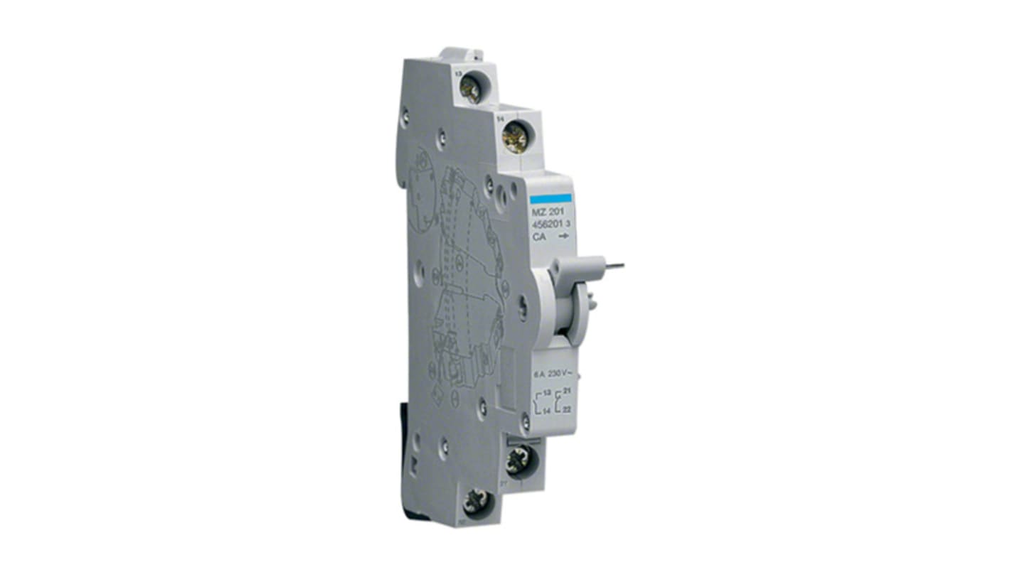 Hager MZ201, modulo contatti ausiliari con 2 contatti (1 N/C + 1 N/A), montaggio su guida DIN, corrente 6 A, tensione 240 V.