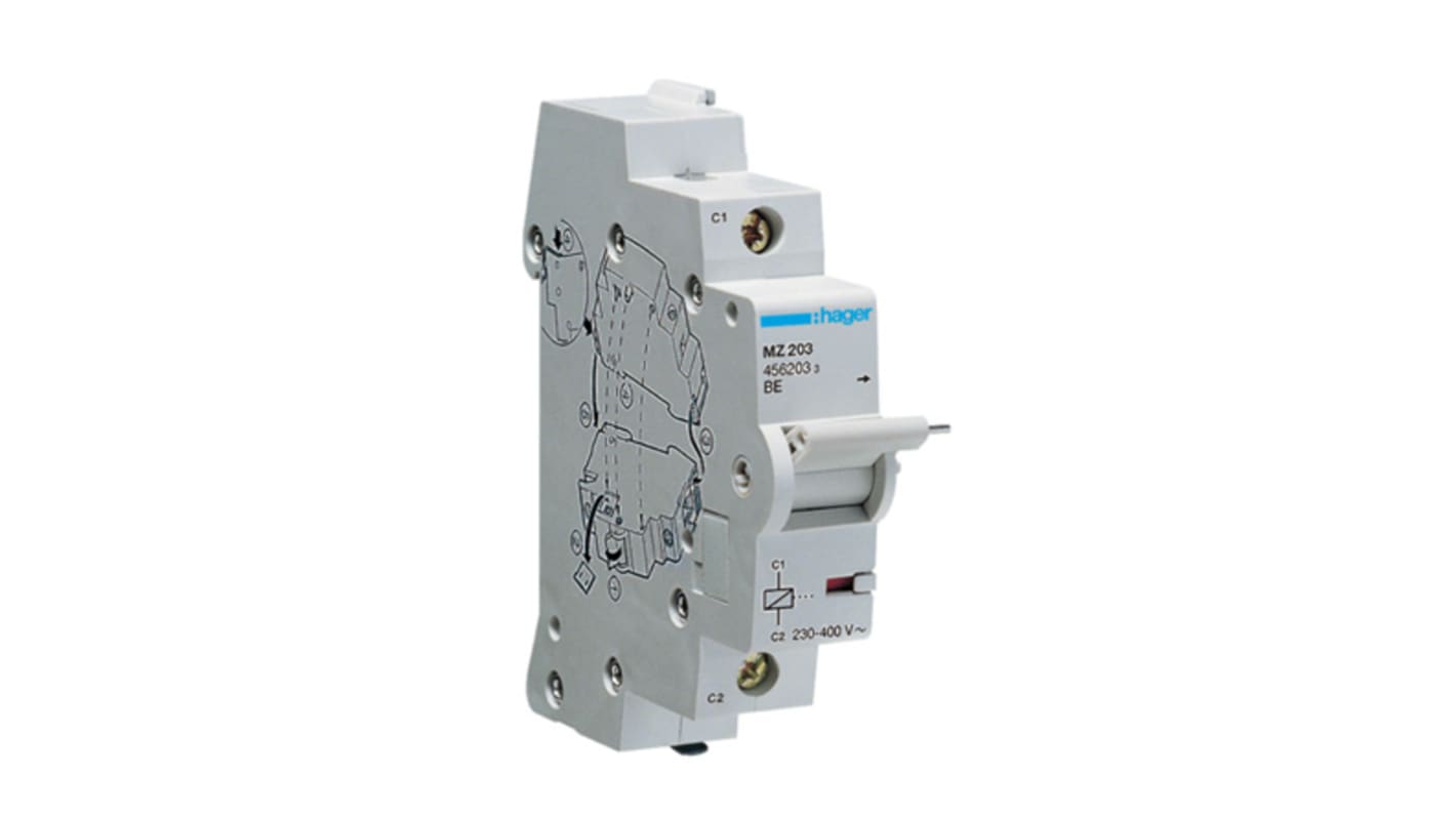 Hager MZ203, modulo di rilascio scatto automatico per guida DIN, tensione 415 V, temperatura operativa -25/+60 °C. Compatibile con interruttori 10 kA.