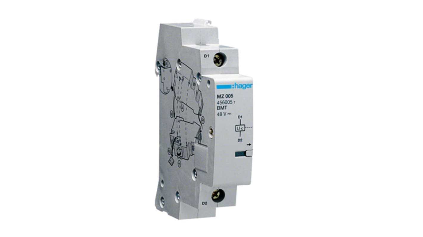 Sganciatore di minima tensione Hager MZ205 per guida DIN, attivazione automatica tra 70 e 35% di 230 V, tensione nominale 48 V c.c. o 230 V c.a.