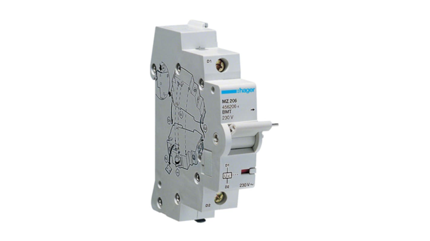 Sganciatore di minima tensione Hager MZ206 per guida DIN, attivazione automatica 70-35% di 230 V, montaggio su guida DIN.