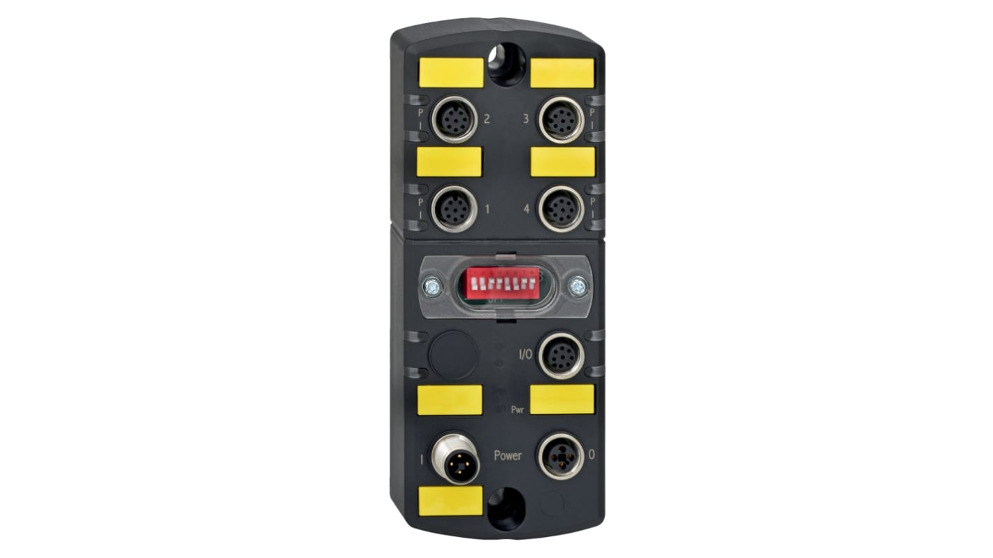 Modulo di ingresso Schmersal PFB-IOP-4M12-IOP, 24 V c.c., 8 poli, montaggio su guida DIN, dimensioni 63 x 36,1 x 156,6 mm, grado di protezione IP67.