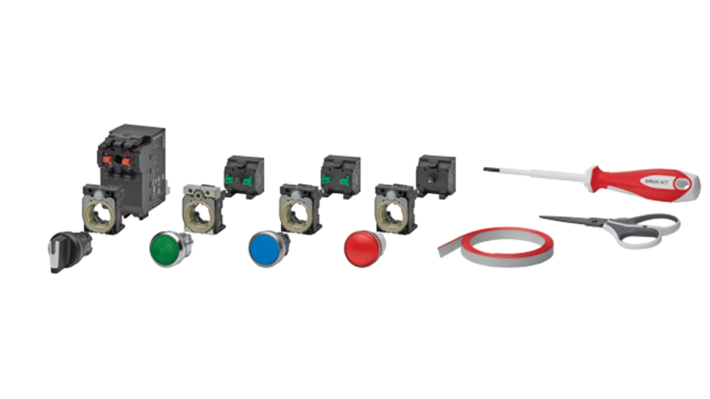 Siemens starter kit per pulsanti luminosi, include moduli PROFINET, selettore, pulsanti e accessori per montaggio.