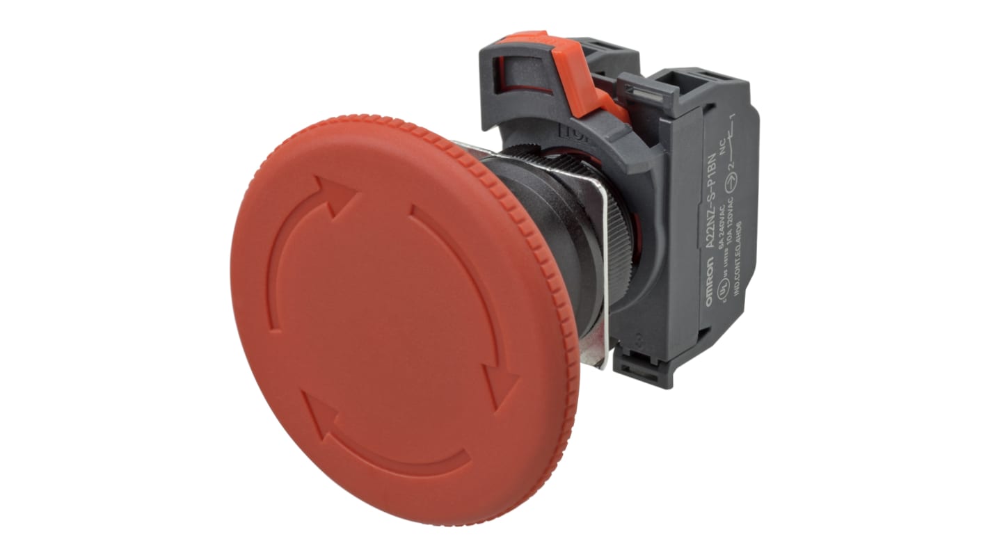 Pulsante di arresto di emergenza Omron A22NE-L-P202-N, rotondo, illuminato, montaggio a pannello, diametro foro 22mm, protezione IP65.