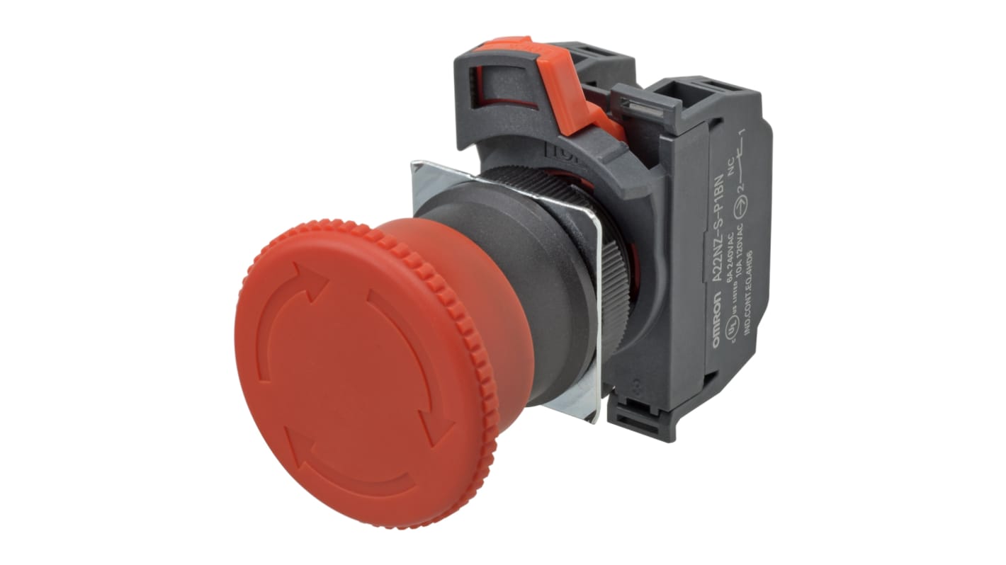 Omron A22NE-M-P202-N, pulsante di arresto di emergenza rotondo, diametro 22mm, montaggio a pannello, protezione IP65, attuazione a pulsante.