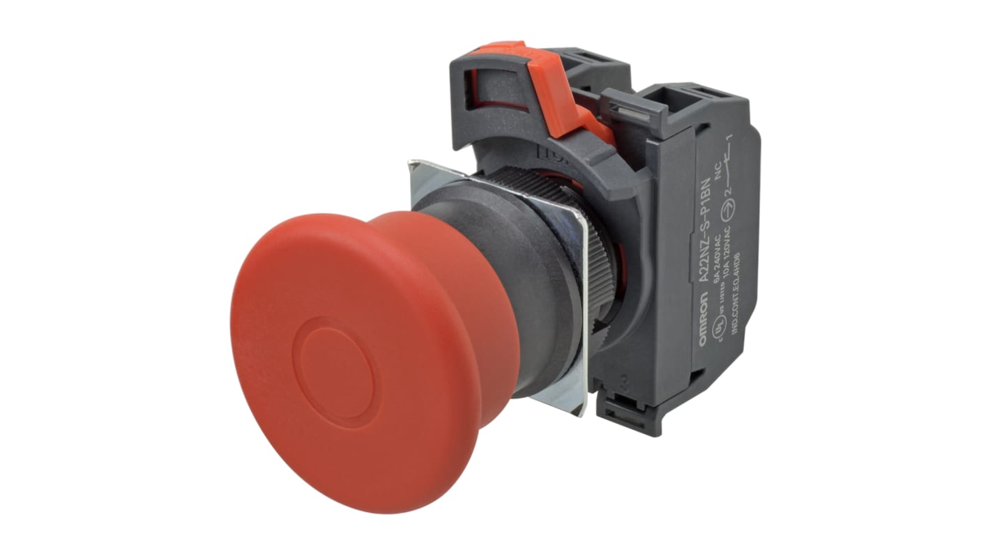 Omron A22NE-MP-P202-N, pulsante di arresto di emergenza rotondo, montaggio a pannello, diametro 22mm, protezione IP65.