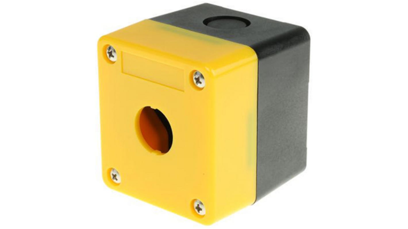 Scatola per pulsante Omron A22NZ-A-B01Y, gialla, IP65, 1 foro da 22mm, dimensioni 80x80x59.9mm, montaggio a crimpare.