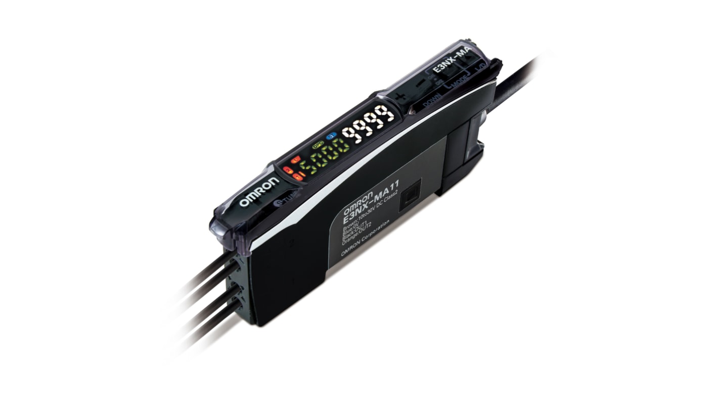 Omron E3NXMA112MOMS, amplificatore fibra NPN precablato, montaggio su guida DIN, dimensioni 104,5 x 10 x 33,5 mm.