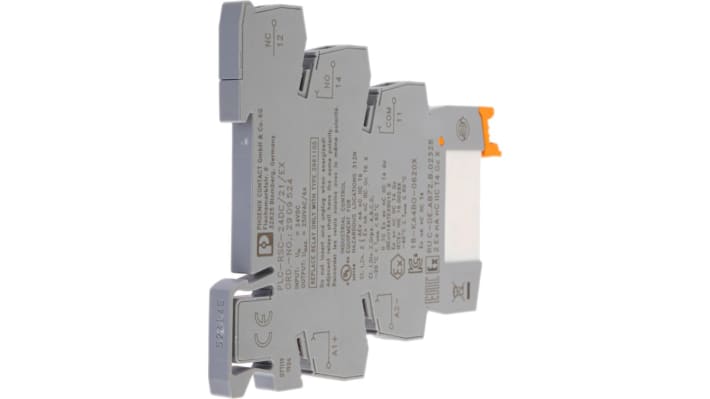 Phoenix Contact, relè d'interfaccia PLC-RSC, 24V cc, SPDT, montaggio su guida DIN, dimensioni 6,2 x 94 x 80 mm.
