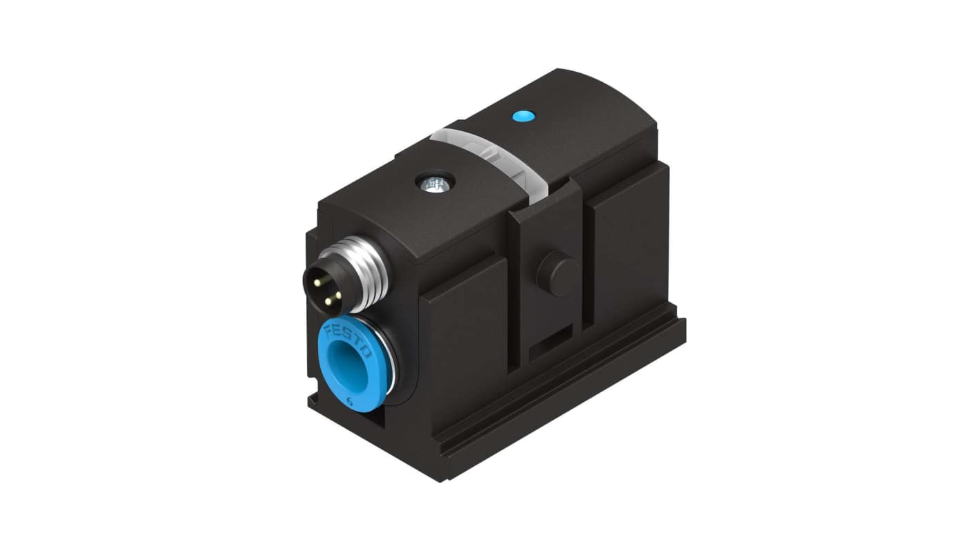 Sensore di pressione Festo SDE5-D10-O2-Q6-P-M8, M8 a 3 pin, 15-30 V cc, max 10 bar, IP40, temperatura 0-50 °C.