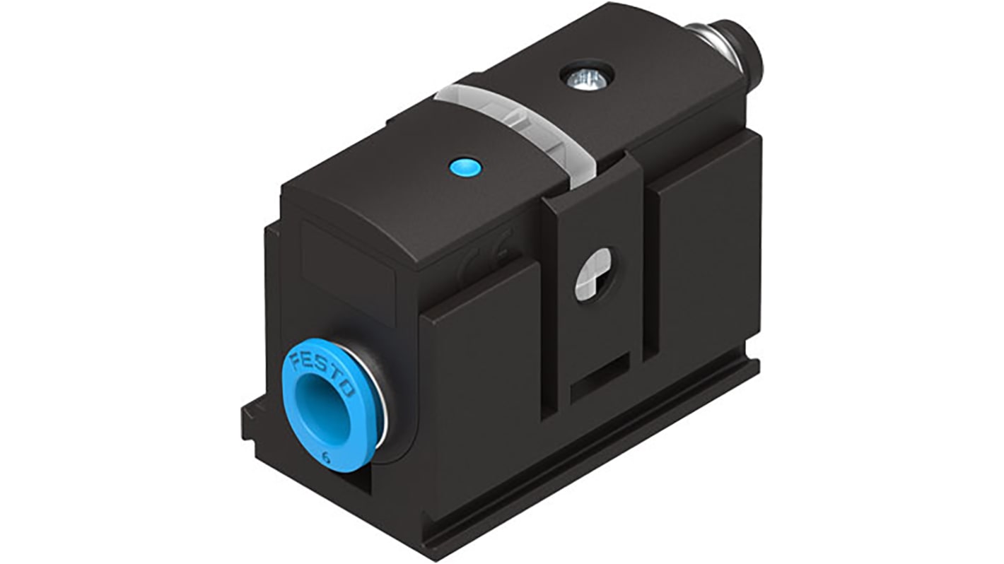 Sensore di pressione Festo SDE5-D10-C-Q6E-P-M8, attacco 6 mm, pressione operativa fino a 10 bar, grado di protezione IP40.