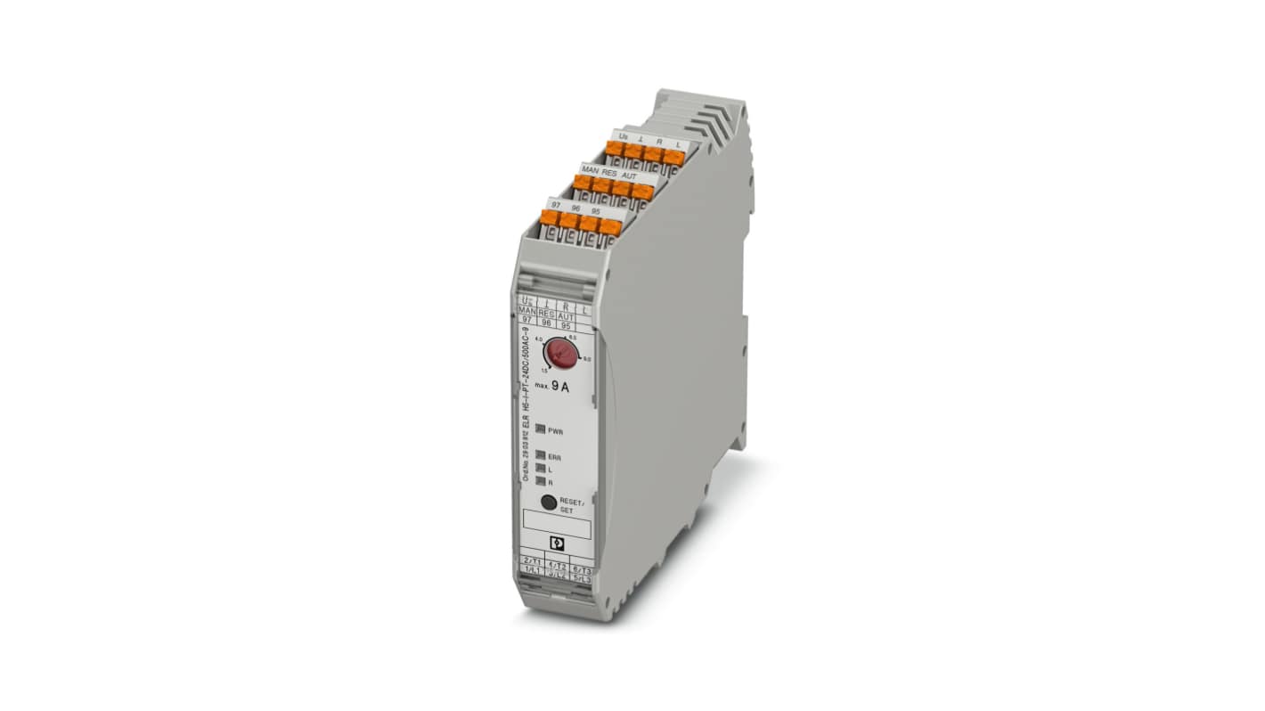 Starter per motore Phoenix Contact 2903912, tensione 24 V c.c., corrente fino a 9 A, montaggio su guida DIN, dimensioni 107.4 x 22.5 x 113.7 mm.