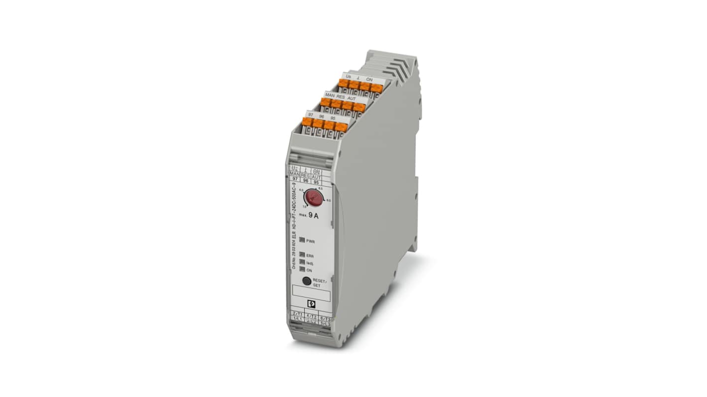 Starter per motore Phoenix Contact 2903924, modello ELR H3-I-PT-24DC/500AC-9, montaggio su guida DIN, dimensioni 107.4x22.5x113.7 mm.
