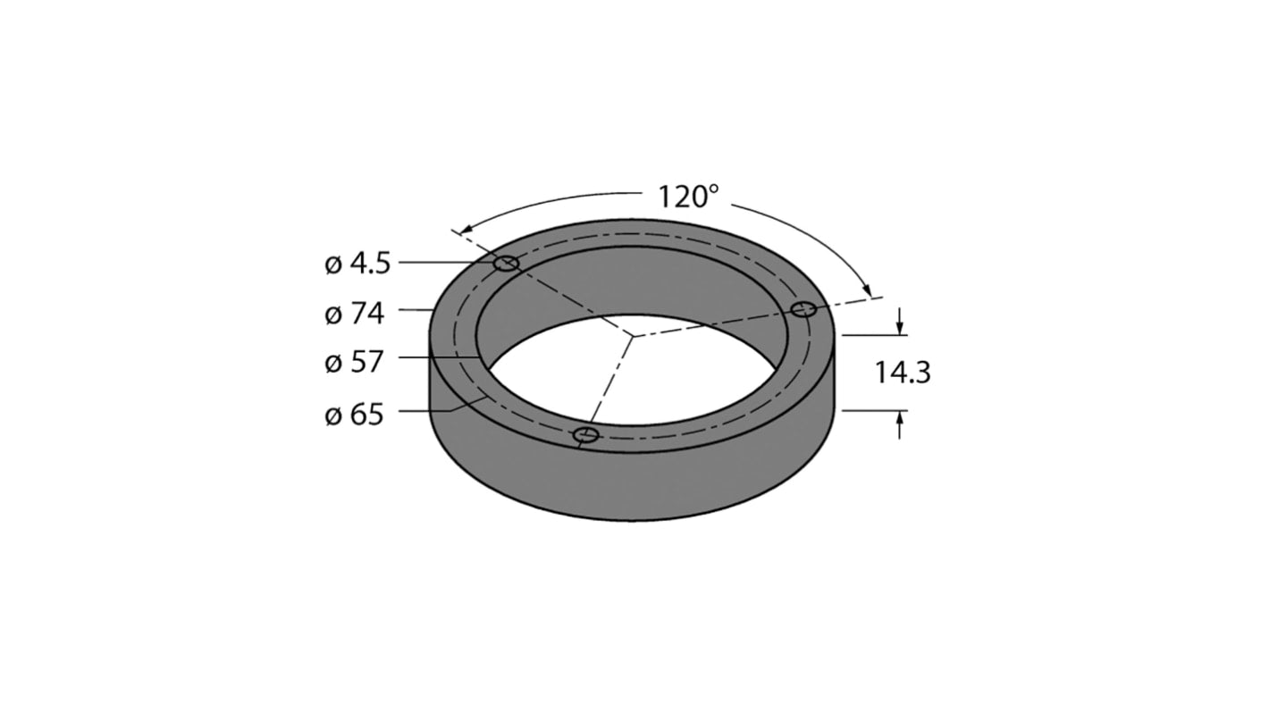 Anello di protezione Turck M5-QR24 per encoder induttivo, diametro esterno 74 mm, in plastica PA 6, compatibile con modelli specifici.