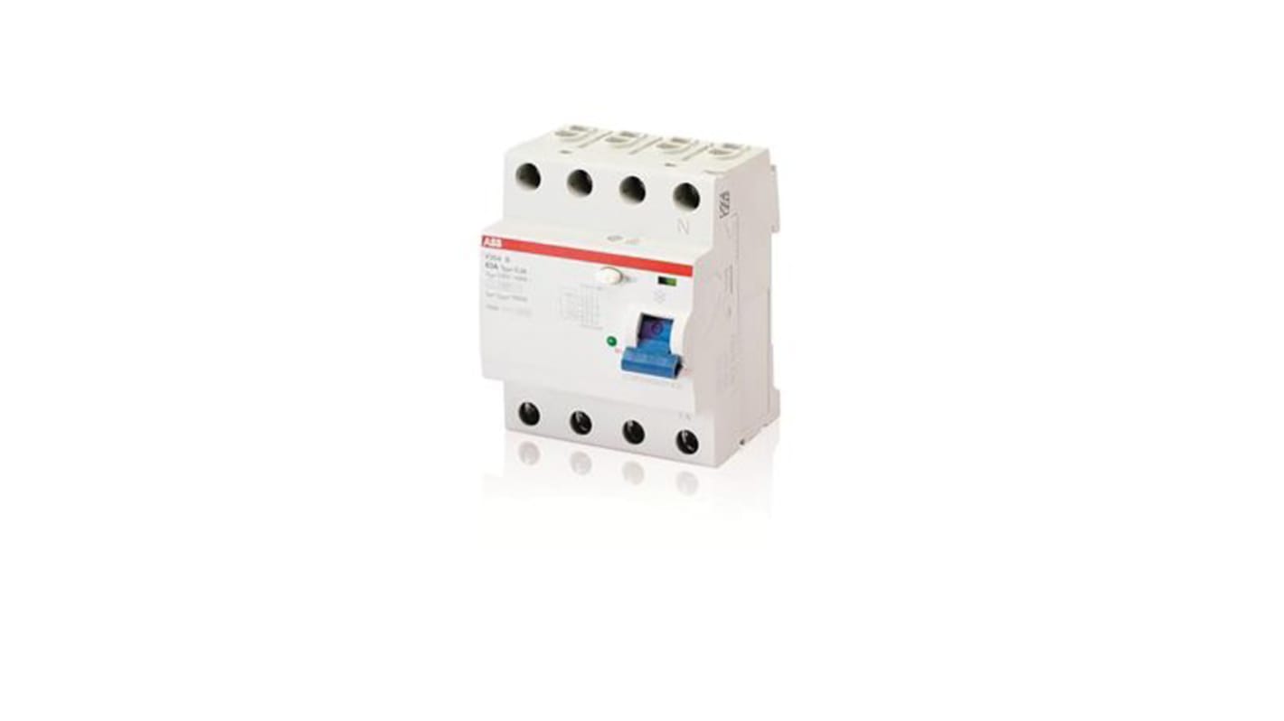 Interruttore differenziale ABB F204B-40/0.5, 4 poli, 40A, 500mA, montaggio su guida DIN, dimensioni 70 x 69 x 85mm.