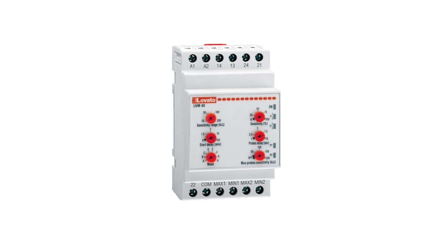 Relè di monitoraggio livello Lovato LVM40A240, DPST, per controllo livello, dimensioni 53.5 x 64.9 x 104.7 mm.