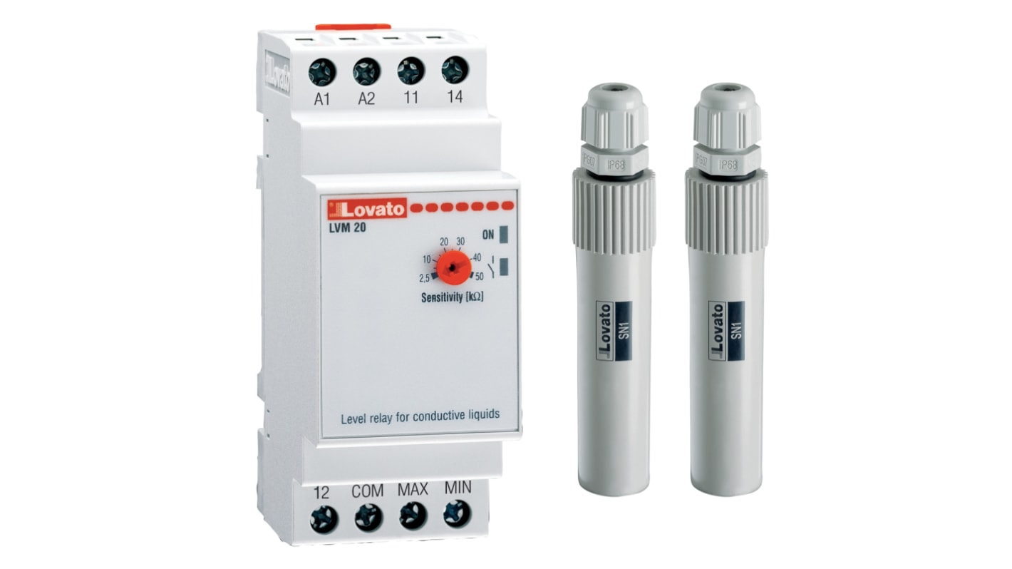 Relè di monitoraggio Lovato LVMKIT20A024 per controllo livello, sensibilità 2,5-50 kOhm, montaggio DIN, grado di protezione IP20/IP40.