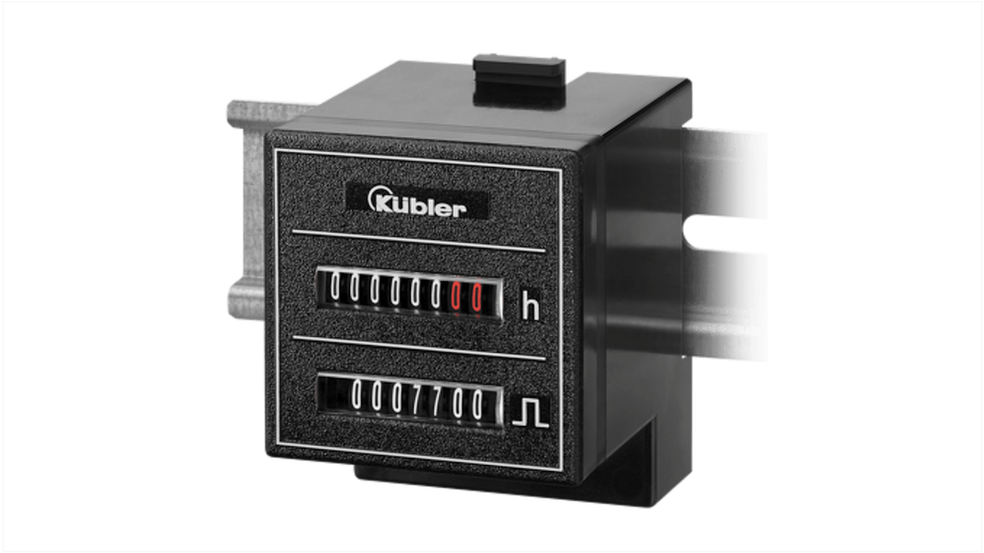 Contatore elettromeccanico Kübler 3.553.401.074, 50Hz, display digitale, montaggio su guida DIN, precisione 0.003%.