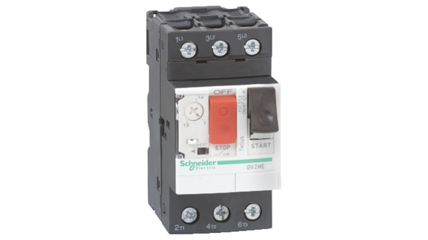 Interruttore automatico del motore Schneider Electric GV2ME086, 3 poli, montaggio su guida DIN, corrente 2,5-4 A, dimensioni 89x44,5x78,2 mm.